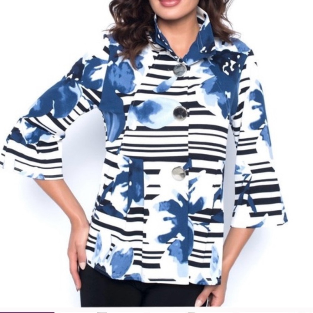 Frank Lyman Design Blue and White Striped Floral Blazer